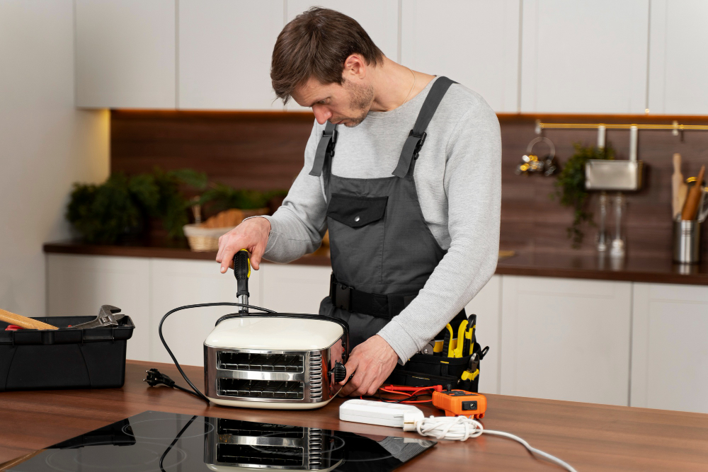 Young Repairman Repairing Refrigerator In Front Of Woman